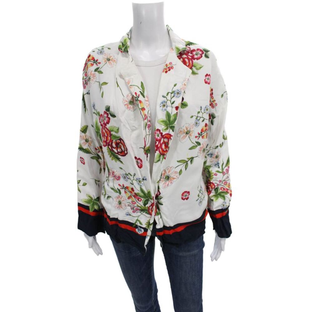 Muze Women White Floral Collared Button Longsleeve Polyester Blouse Size 2